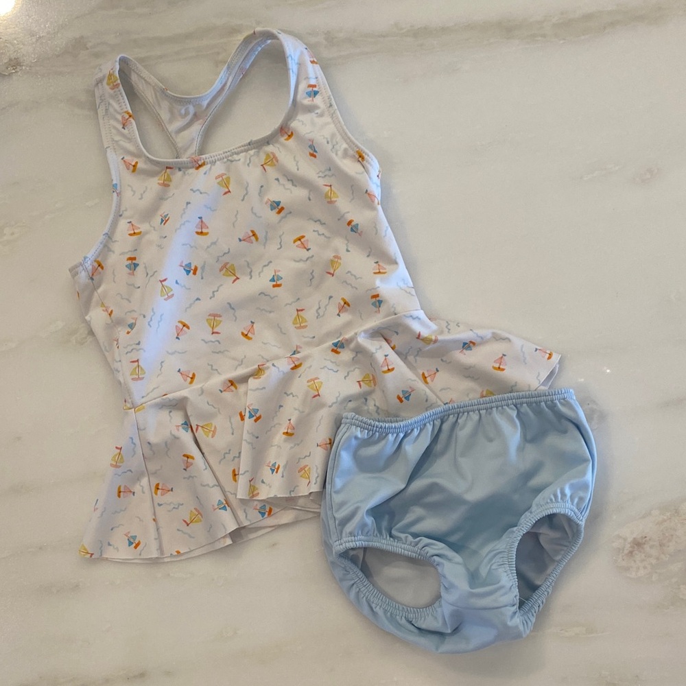 Cute White and Blue Sailboat Toddler Swimsuit Set